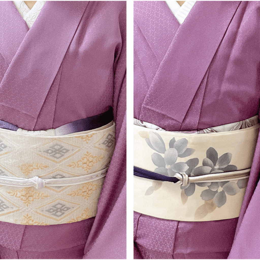 紫系の色無地を慶弔使い分けたコーディネイト例（左）袋帯を合わせてお祝いに（右）墨絵の名古屋帯を合わせて色喪服として偲ぶ会に